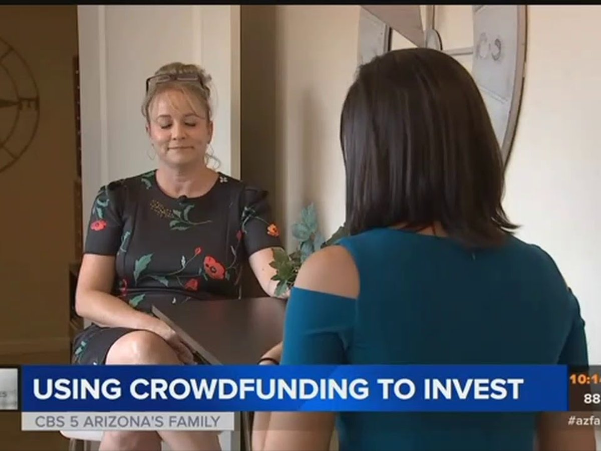 A CBS 5 Arizona's Family reporter interviewing a Neighborhood Ventures investor, under the on-screen title Using Crowdfunding To Invest